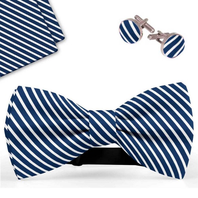 Set papion barbati, batista, butoni, bleumarin, dungi albe subtiri
